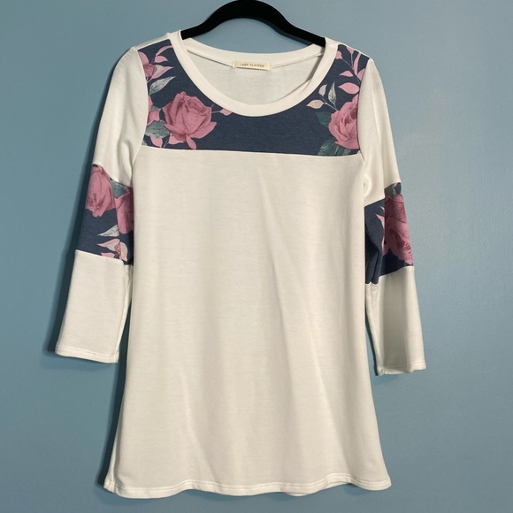 Lake Flower Tops - Lake Flower Floral Print Colorblock Tee - S